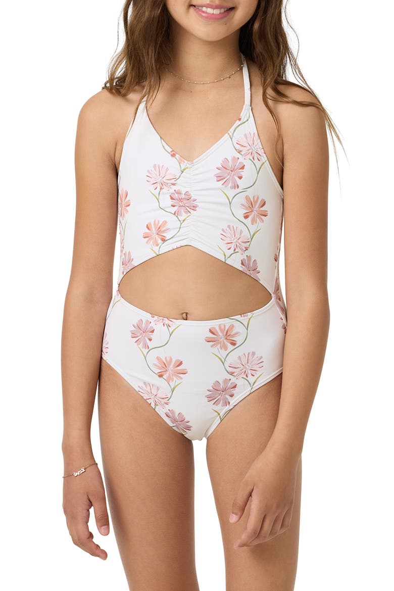 Kids' Ivy Floral Ruched Cutout One-Piece Swimsuit, Main, color, TOFU
