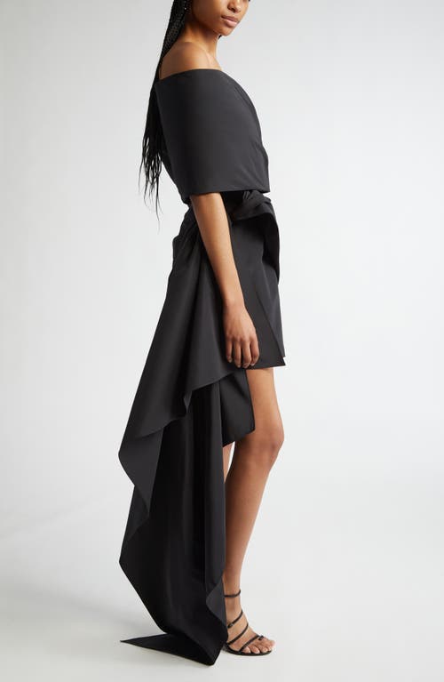 Oscar De La Renta Asymmetric Drape Cascade Detail Satin Dress In Black