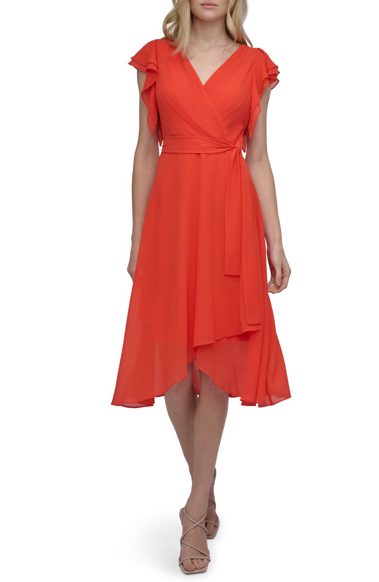 DKNY Ruffle Sleeve Faux Wrap Midi Dress, Alternate, color, 