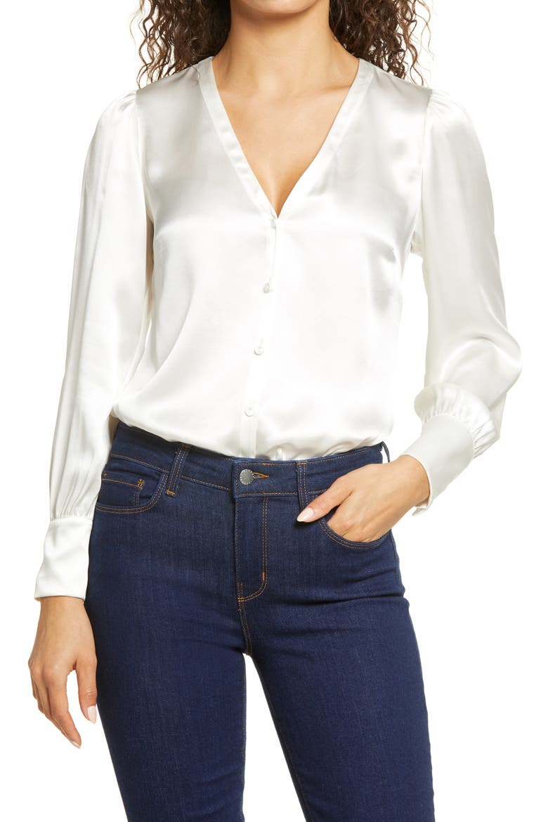 Long Sleeve Silk Charmeuse Top, Main, color, SNOW