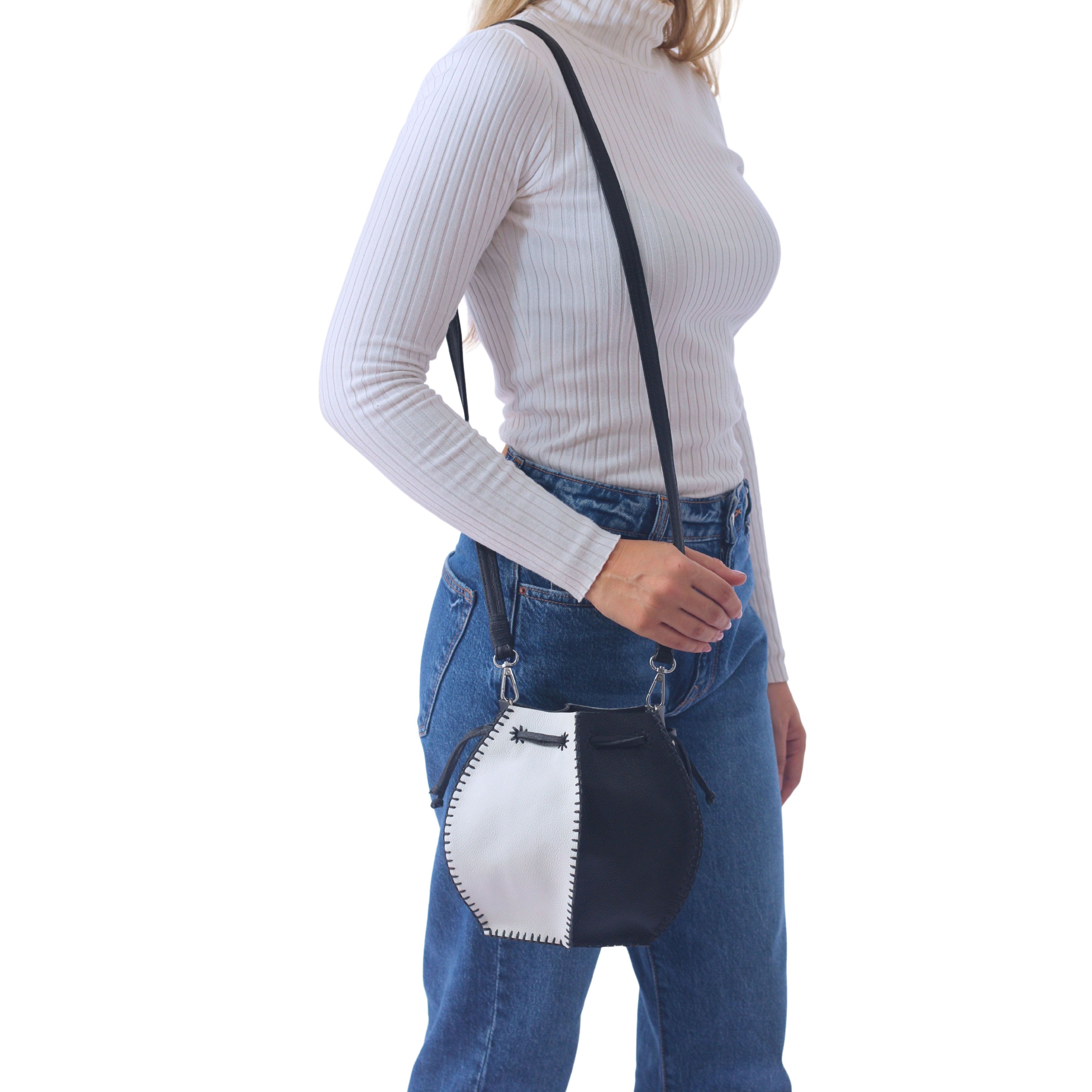 Carlos Falchi Tall Bucket Top Grain Leather Bag, Alternate, color, Black And White