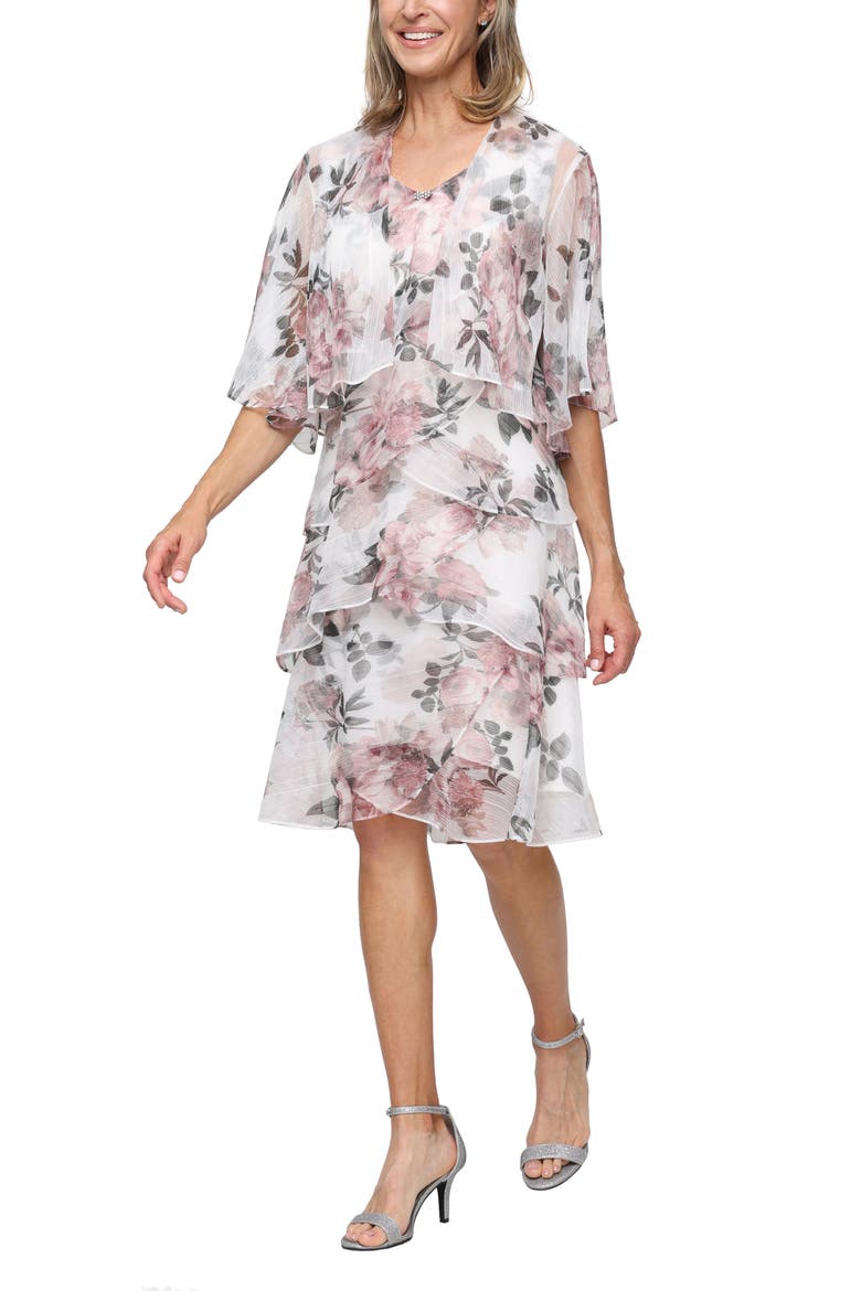Tiered Floral Shimmer Cocktail Dress with Jacket, Main, color, BLUSH MULTI