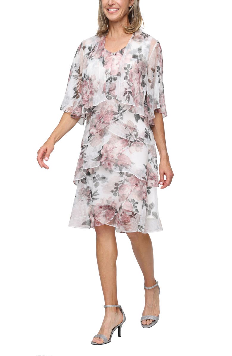 SL FASHIONS Tiered Floral Shimmer Cocktail Dress with Jacket, Main, color, Blush Multi