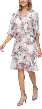 SL FASHIONS Tiered Floral Shimmer Cocktail Dress with Jacket