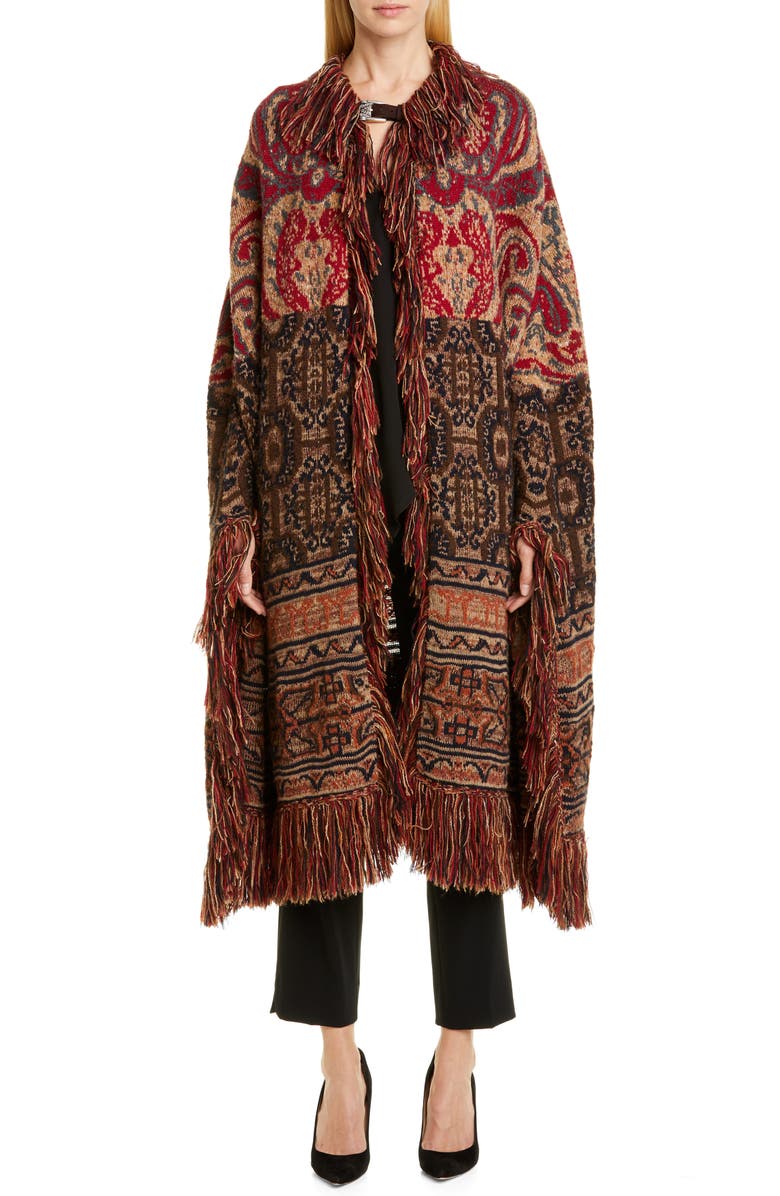 Etro Fringe Wool & Alpaca Blend Jacquard Blanket Cape, Main, color, 