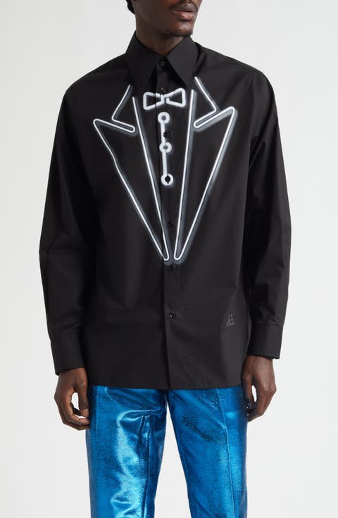 Glow in the Dark Tuxedo Graphic Cotton Poplin Button-Up Shirt