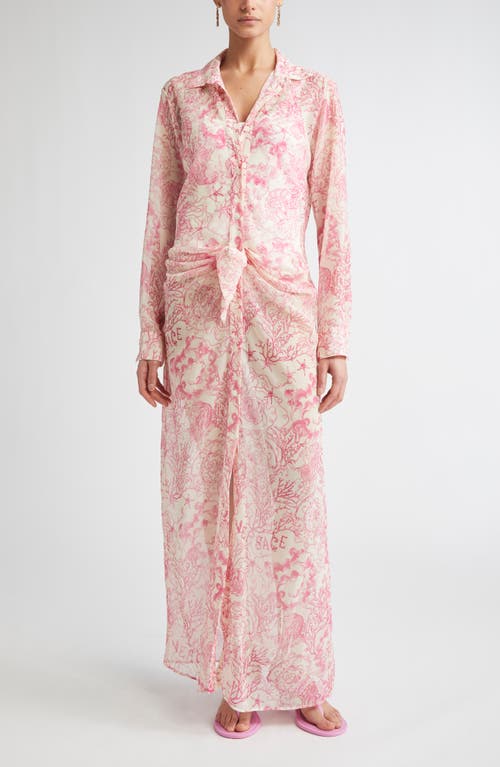 Versace Underwater Barocco Long Sleeve Cover-up Shirtdress In Pink