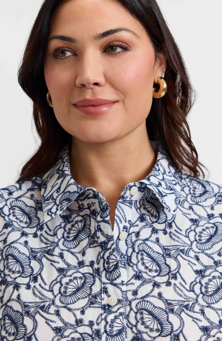 Foxcroft Zoey Embroidered Eyelet Cotton Button-Up Shirt, Alternate, color, White/ Navy