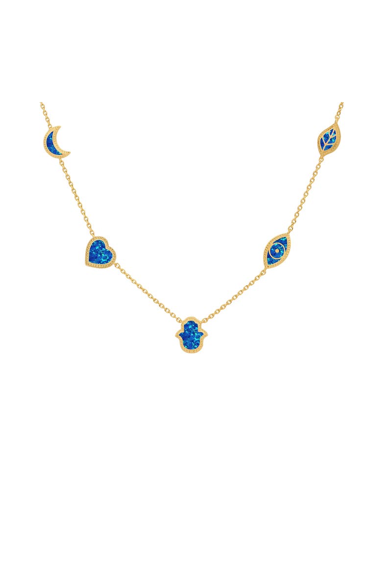 Karma and Luck Soothing Aura Lab Blue Opal Multi-Symbol Necklace, Main, color, Gold/Blue