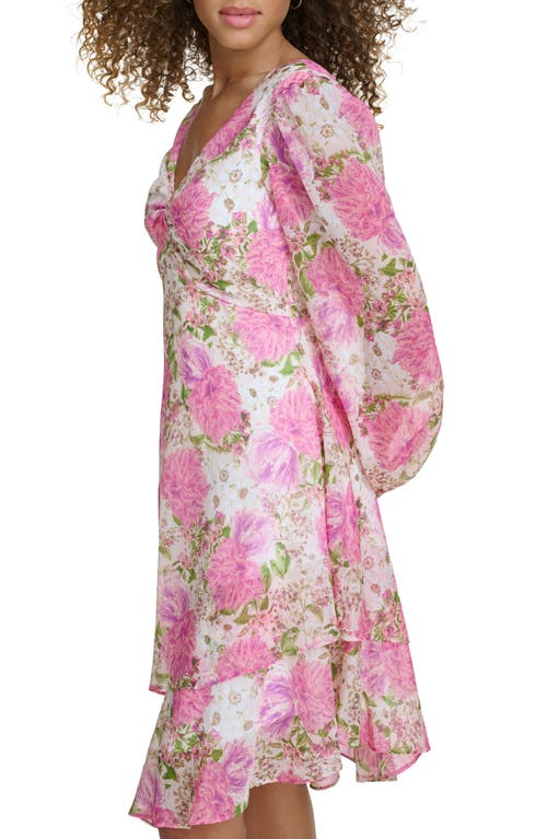 Siena Floral Long Sleeve Asymmetric Dress In Pink