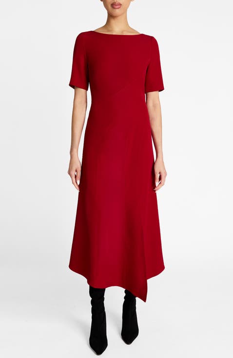 Inez Short Sleeve Midi A Line Dress in Soft Stretch Crepe