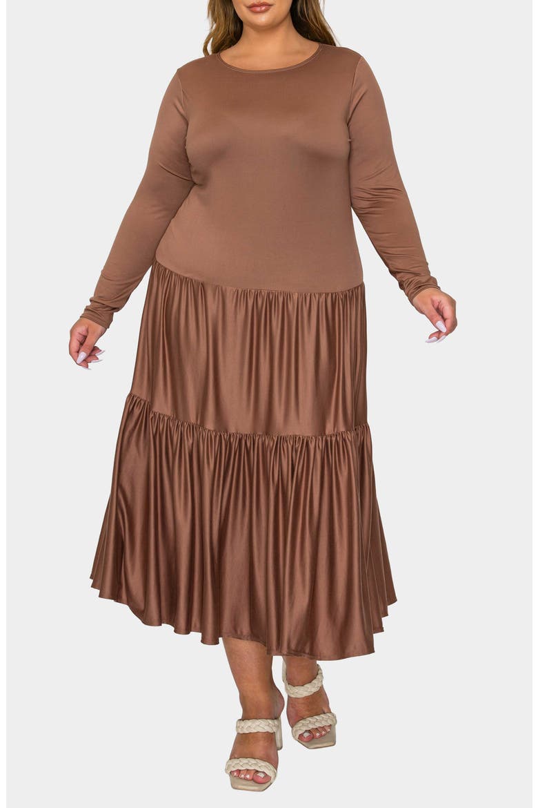 Eliana Long Sleeve Tiered Midi Dress, Main, color, ESPRESSO