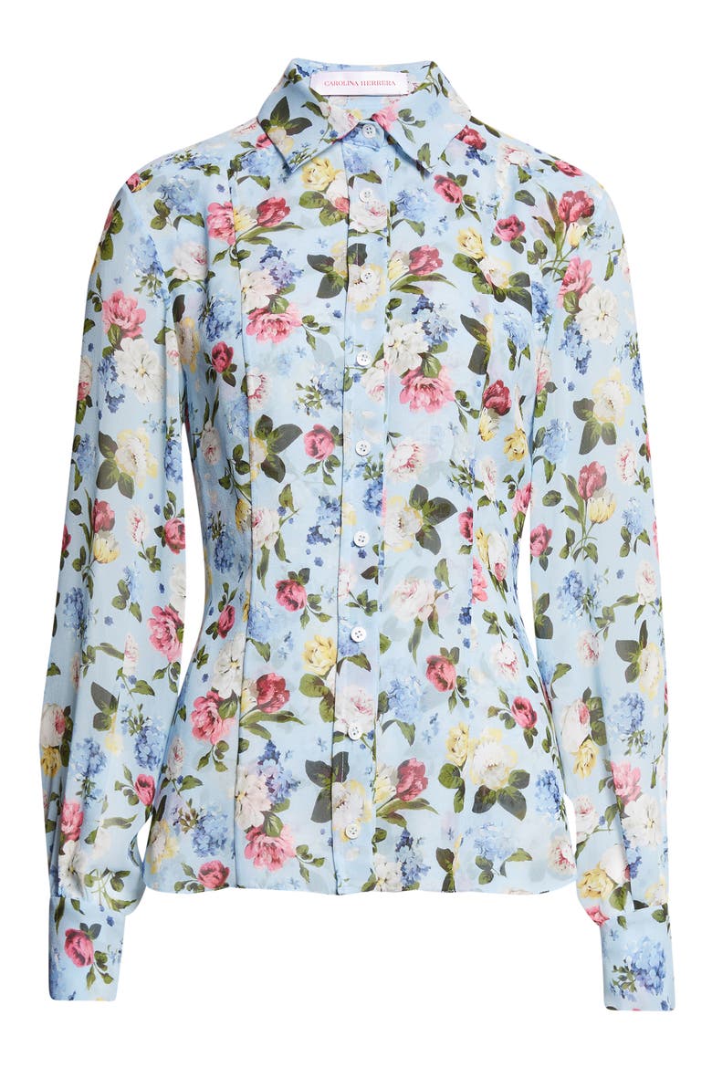 Isabella Floral Silk Crepe Button-Up Shirt, Alternate, color, CLOUDY BLUE MULTI