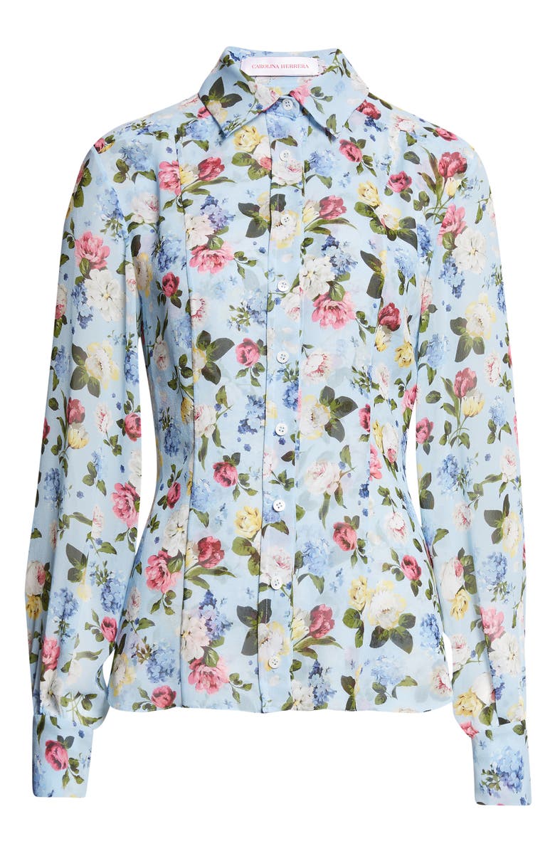 Carolina Herrera Isabella Floral Silk Crepe Button-Up Shirt, Alternate, color, Cloudy Blue Multi