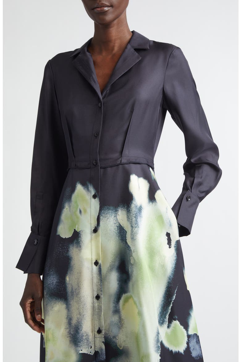 Watercolor Floral Print Long Sleeve Silk Shirtdress, Alternate, color, BLACK / LIGHT JADE