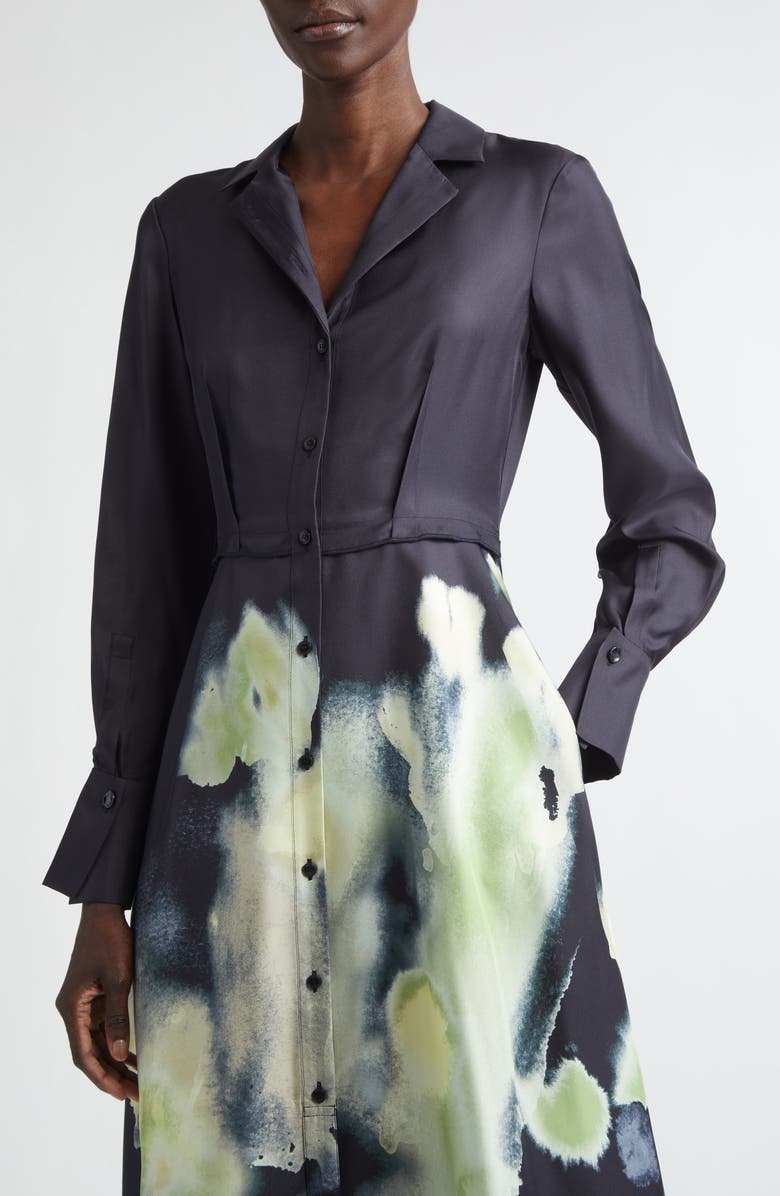 Jason Wu Collection Watercolor Floral Print Long Sleeve Silk Shirtdress, Alternate, color, Black / Light Jade