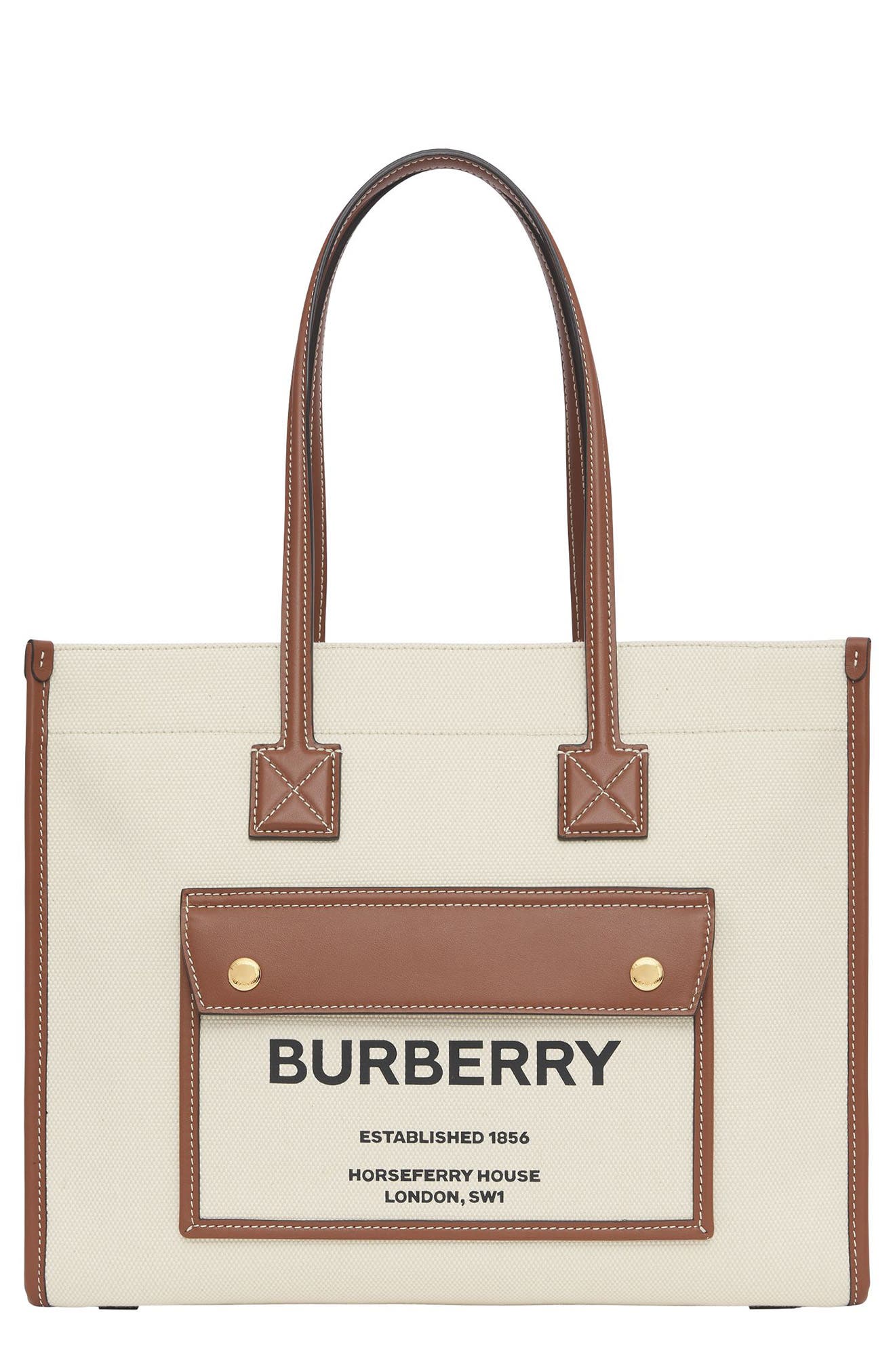 Burberry Small Freya Horseferry Logo Canvas & Leather Tote, Main, color, 