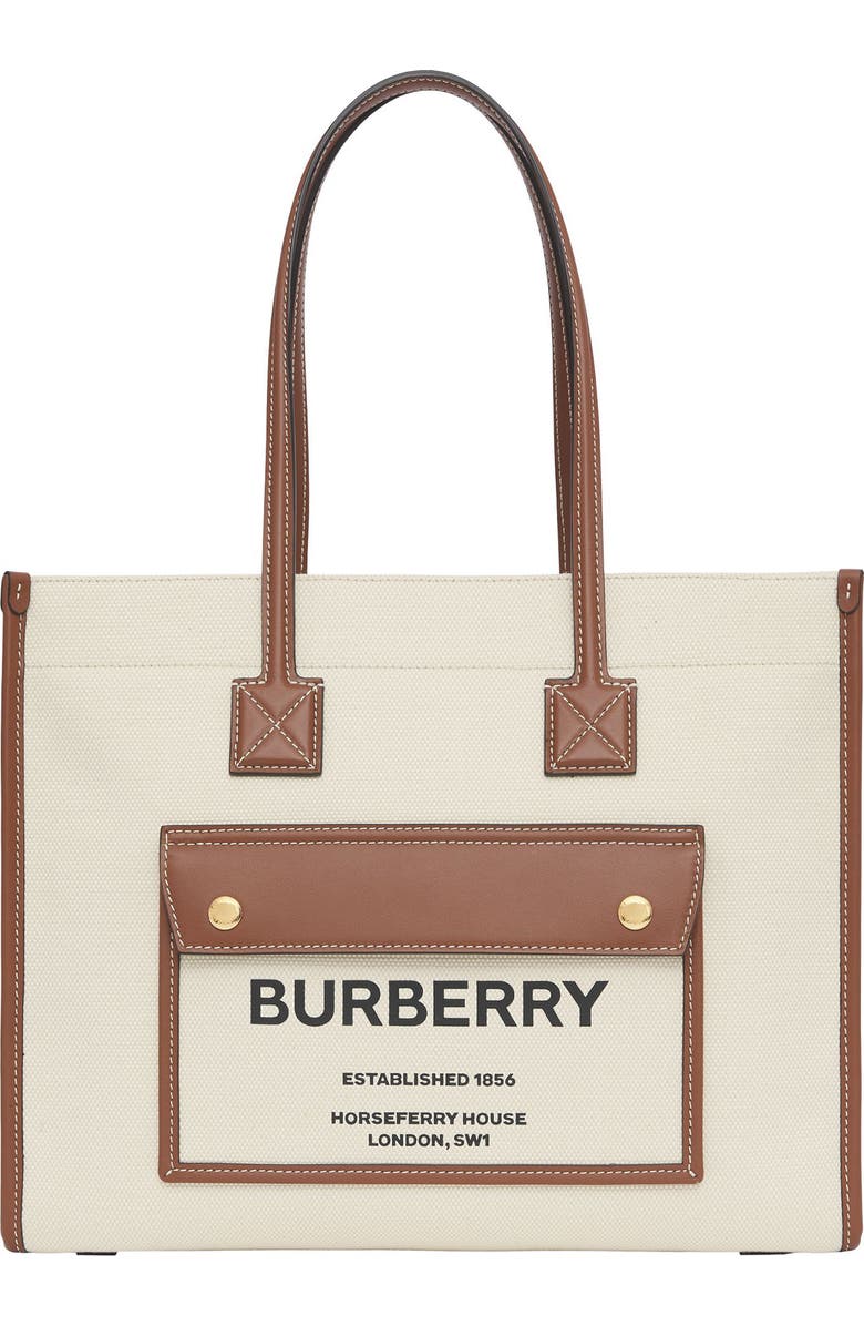 Burberry Small Freya Horseferry Logo Canvas & Leather Tote, Main, color,