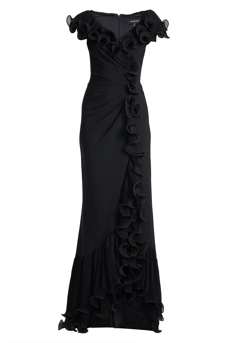 Pleated Ruffle Gown, Alternate, color, BLACK