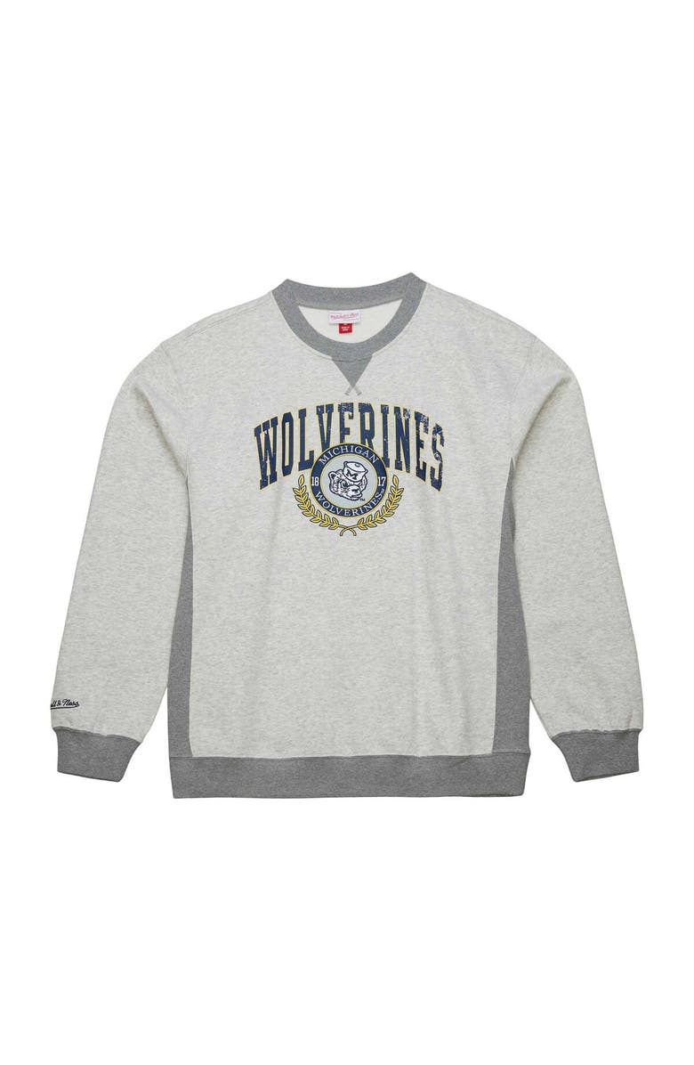 Mitchell & Ness Men's Mitchell & Ness Heather Gray Michigan Wolverines Arched Fleece Crewneck Pullover Sweatshirt, Alternate, color, Heather Gray