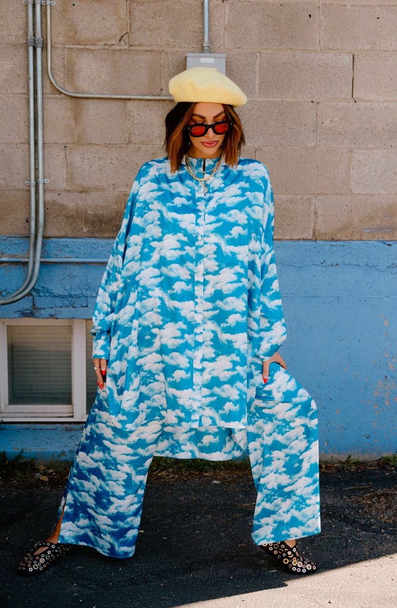 Dressed in Lala Secret Sky Society Oversize Satin Button-Up Shirt & Pants Set, Alternate, color, Secret Sky Society