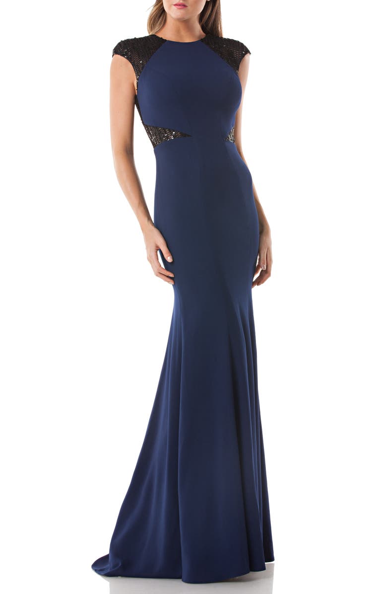 Carmen Marc Valvo Infusion Sequin Trim Trumpet Gown, Main, color, 
