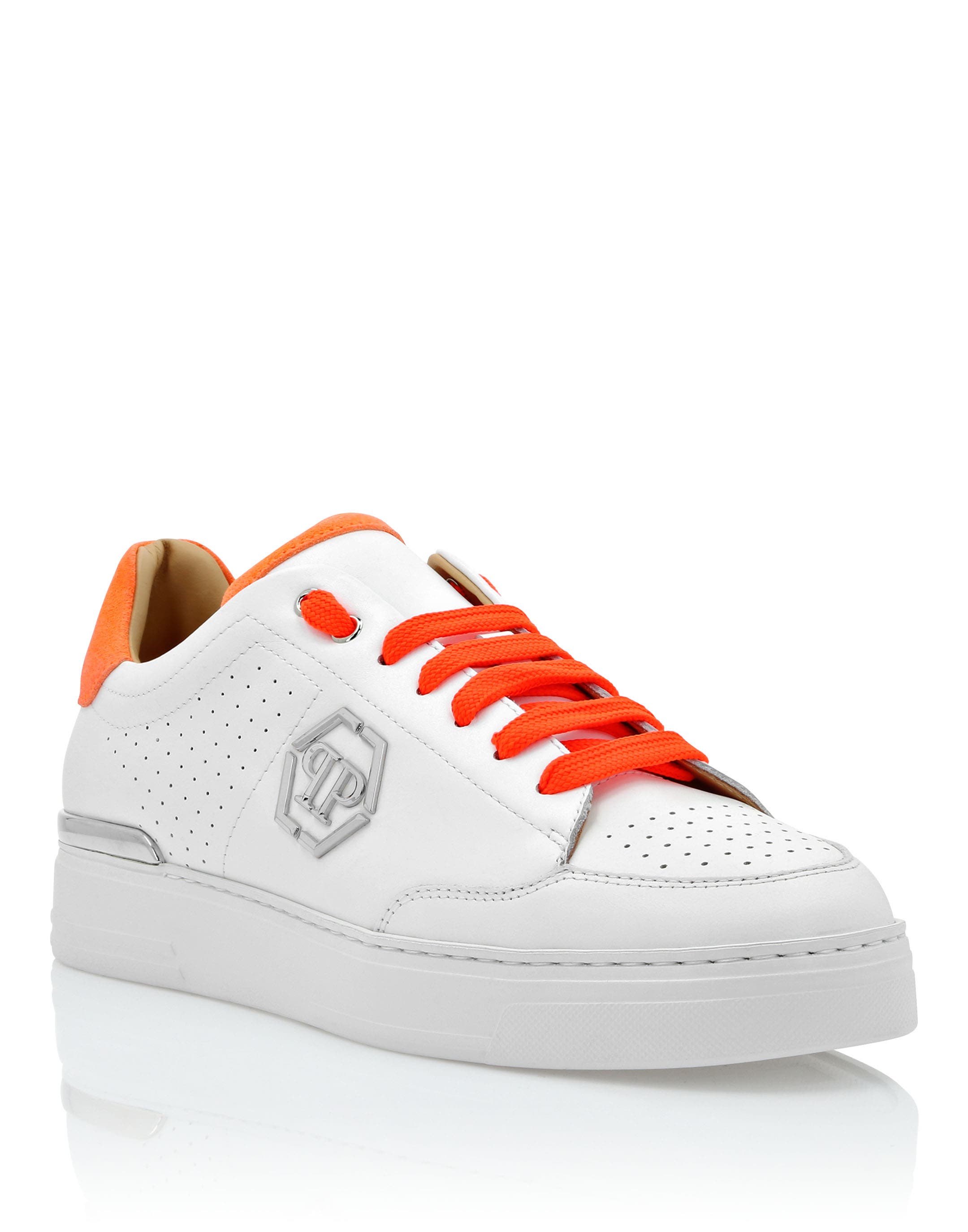 Mix Leather Lo-Top Sneakers Unisex, Main, color, white/orange