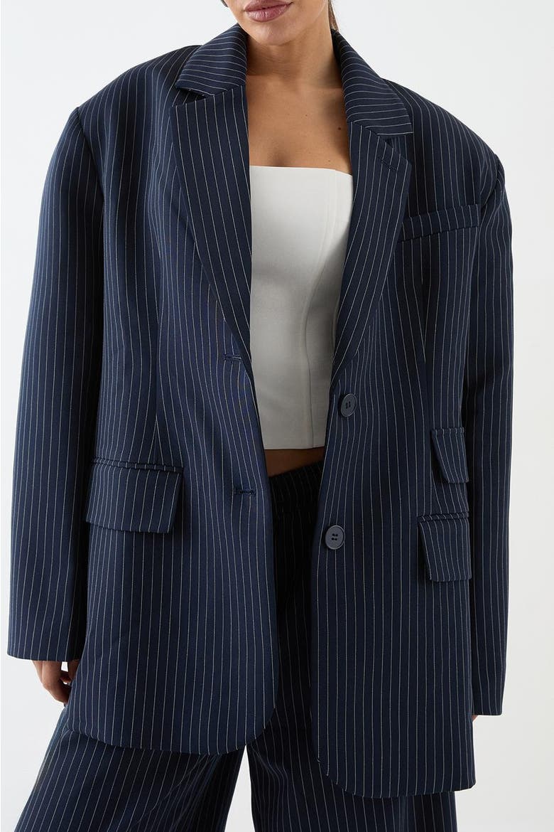 Premium Pinstripe Oversized Blazer, Alternate, color, Navy