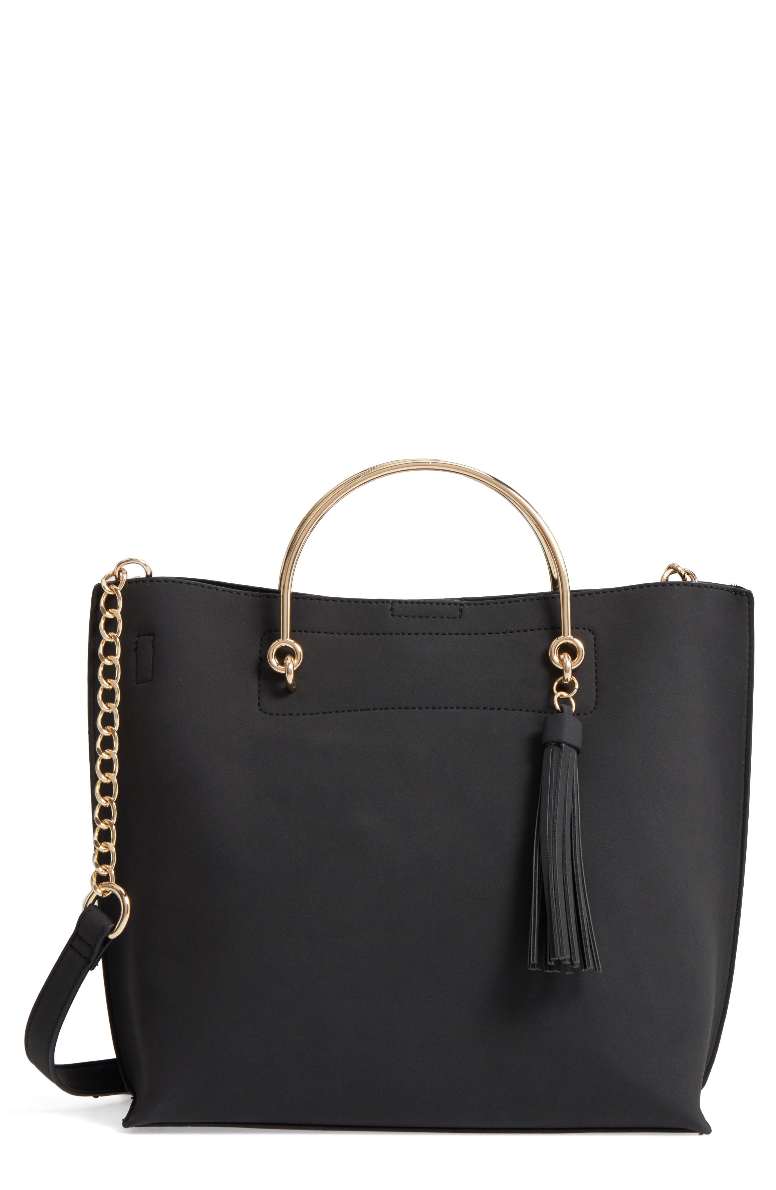 Metal Handle Faux Leather Satchel, Main, color, BLACK