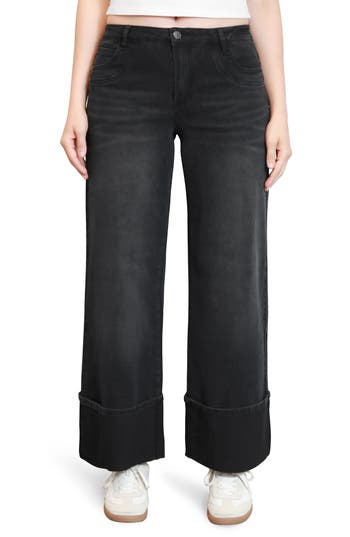 Madden Girl Bow Back Cuffed Slouchy Wide Leg Jeans In Black