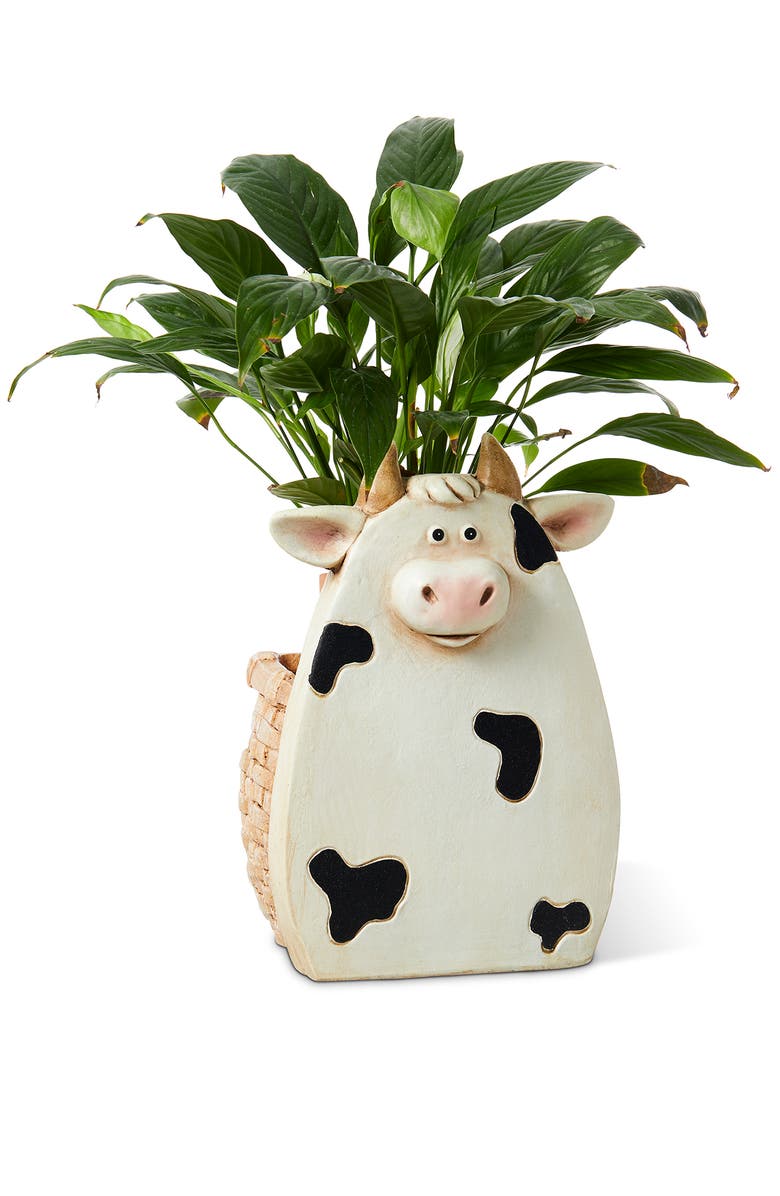 Glitzhome MGO Cute Cow Statue Planter Table Figurine, Alternate, color, White