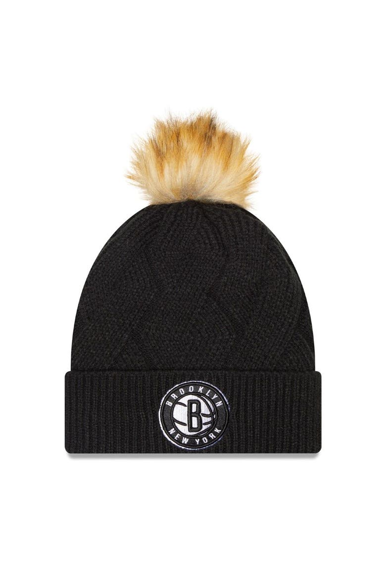 Women's New Era Black Brooklyn Nets Snowy Cuffed Knit Hat with Pom, Main, color, Black