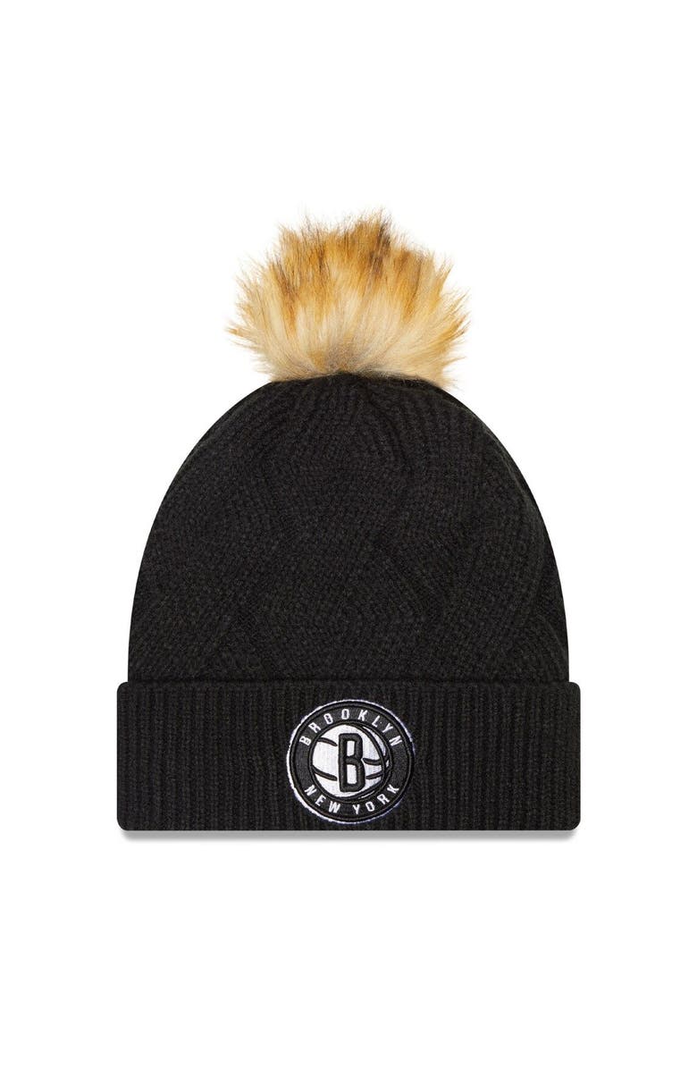 New Era Women's New Era Black Brooklyn Nets Snowy Cuffed Knit Hat with Pom, Main, color, 