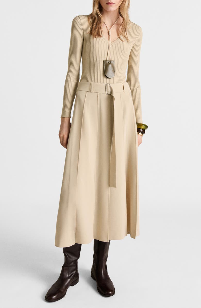 MANGO Paris Long Sleeve Mixed Media Dress, Main, color, Ecru