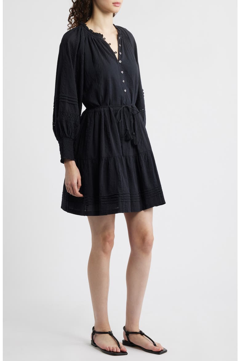 Meadow Long Sleeve Cotton Seersucker Minidress, Alternate, color, BLACK