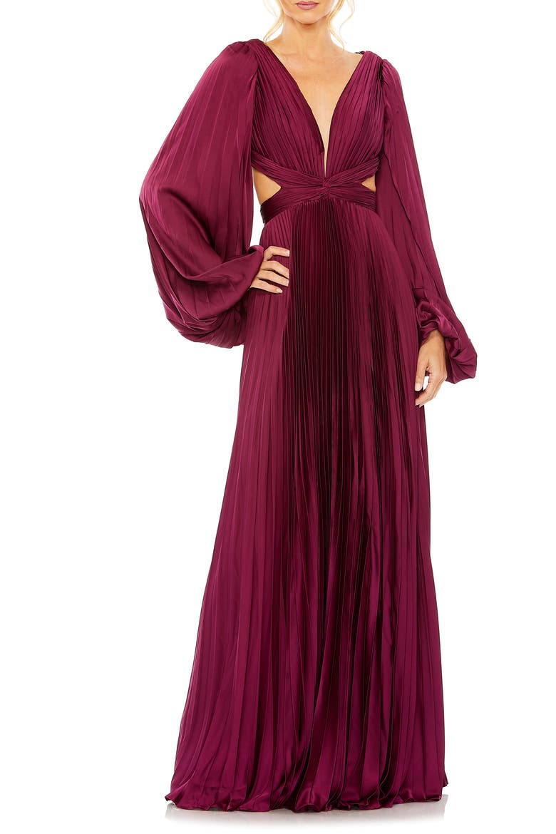 Long Sleeve Pleated Cut-Out Gown, Main, color, WINE