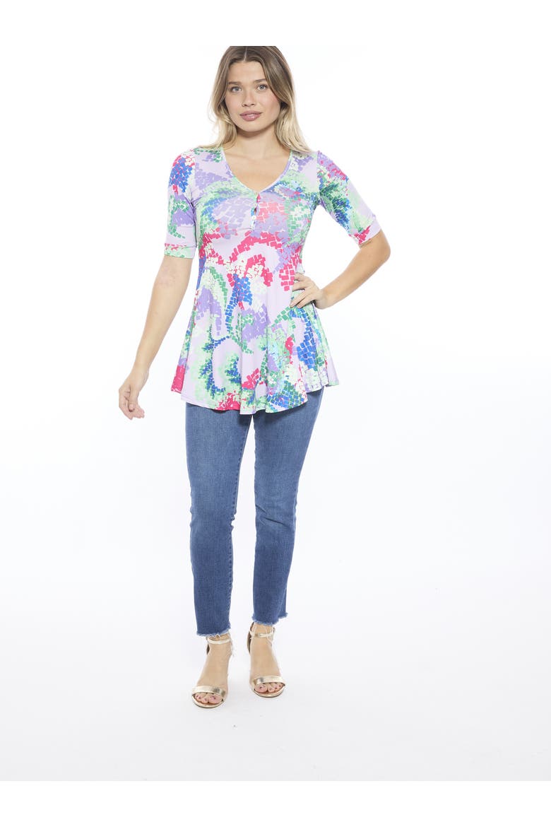 Womens Abstract V-Neck Elbow Sleeve Henley Tunic Top, Main, color, Purple Multi