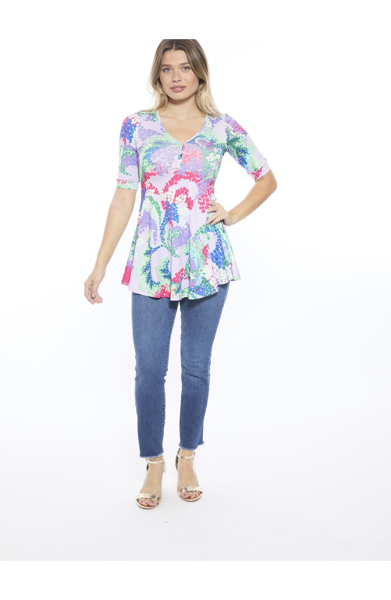 24seven Comfort Apparel Womens Abstract V-Neck Elbow Sleeve Henley Tunic Top, Main, color, Purple Multi