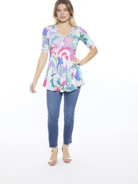 Womens Abstract V-Neck Elbow Sleeve Henley Tunic Top