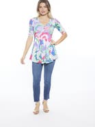 24seven Comfort Apparel Womens Abstract V-Neck Elbow Sleeve Henley Tunic Top