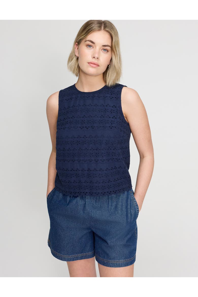 Gloria Cotton Broderie Sleeveless Top, Alternate, color, Navy