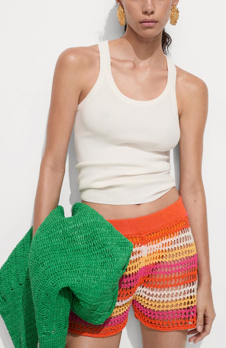 MANGO Stripe Openwork Crochet Shorts, Alternate, color, 