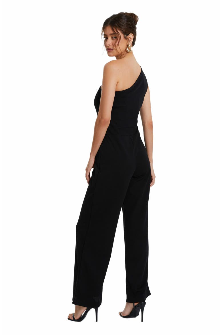 One Shoulder Scuba Crepe Jumpsuit With Gold Buckle, Alternate, color, Black
