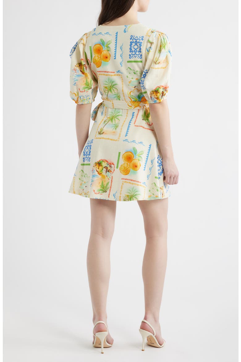 Caterina Postcard Print Linen & Cotton Wrap Minidress, Alternate, color, POSTCARD