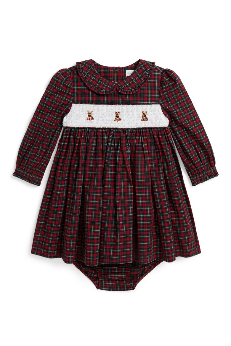 Collared Poplin Woven Dress & Bloomers Set, Main, color, GREEN-RED MULTI TARTAN