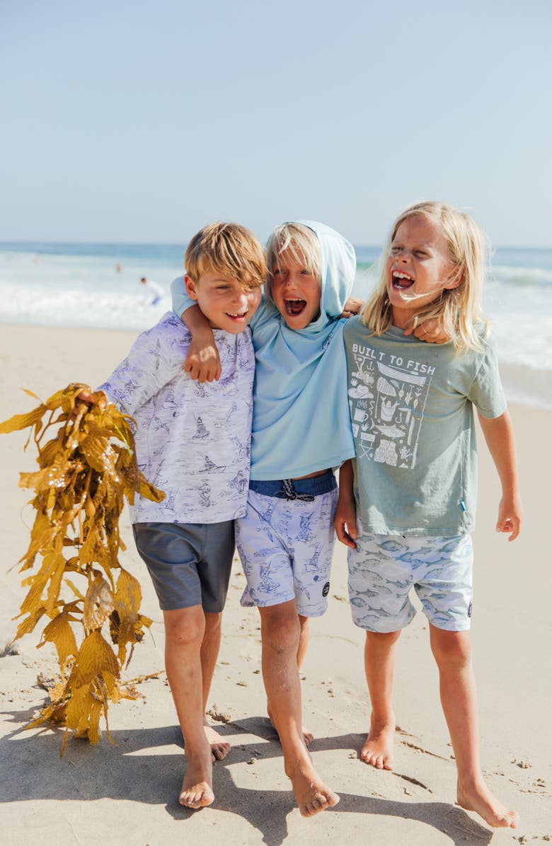 Feather 4 Arrow Kids' Classic Fish Print Board Shorts, Alternate, color, Sage