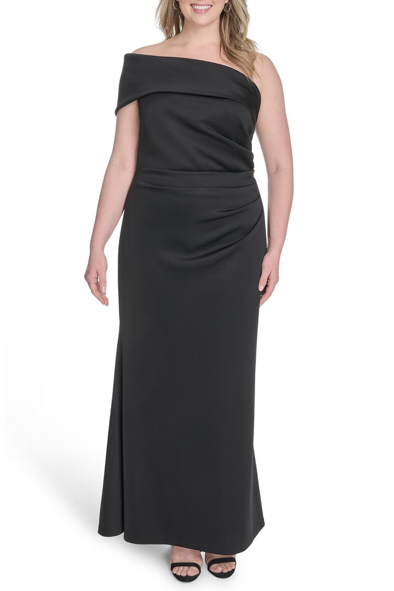 One-Shoulder Ruched Gown, Alternate, color, BLACK