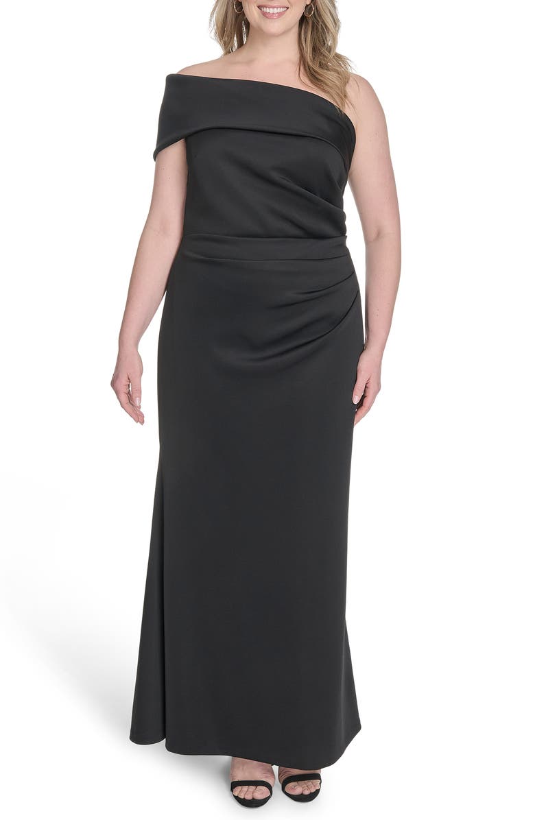 Eliza J One-Shoulder Ruched Gown, Alternate, color, Black