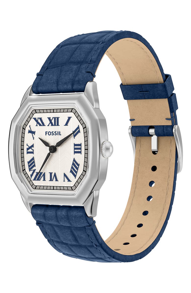 Fossil Harlow Croc Embossed Leather Strap Watch, 27mm, Alternate, color, White/ Navy/ Silver