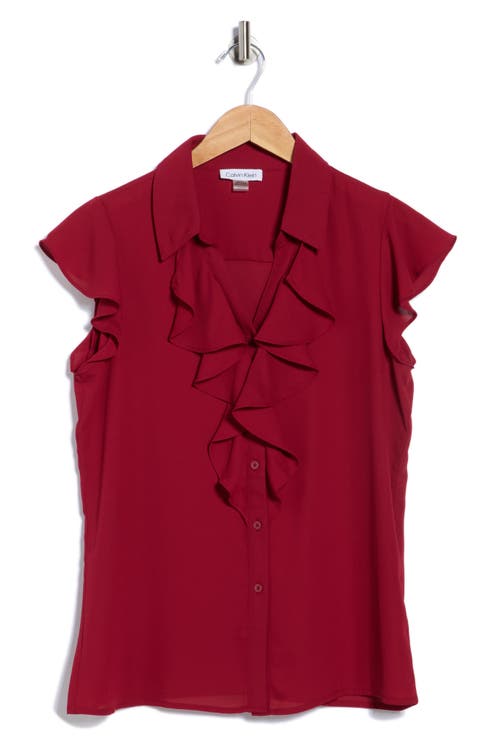 Cap Sleeve Ruffle Button-Up Top